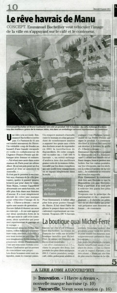 Le Havre Presse — 18 janvier 2012 — « Le rêve havrais de Manu » — Vue article complet