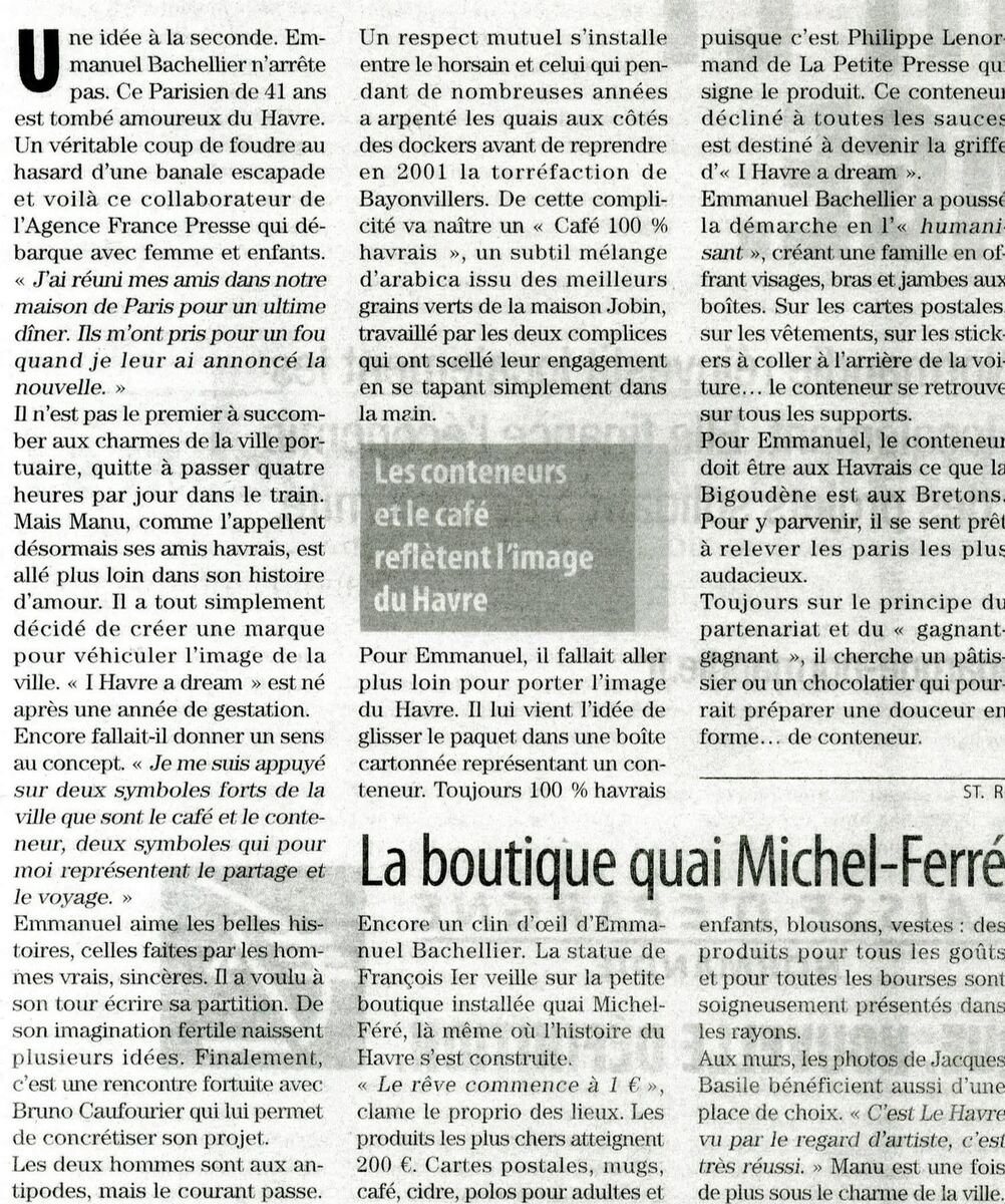 Le Havre Presse — 18 janvier 2012 — « Le rêve havrais de Manu » — Lecture du texte (zoom encart conteneurs / café)