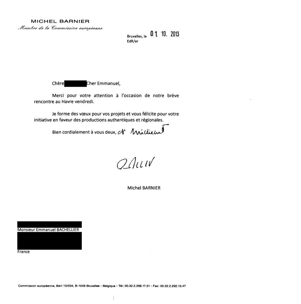 Courrier de Michel Barnier, Commissaire européen, daté du 1er octobre 2013, adressé à Emmanuel Bachellier suite à sa visite du LH Forum